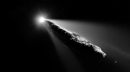 A cosmic traveler traverses the vastness of space, leaving a trail of light behind it.の素材