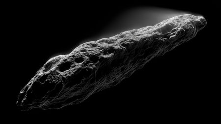 An interstellar object travels through space, showcasing its elongated form and rugged surface.の素材