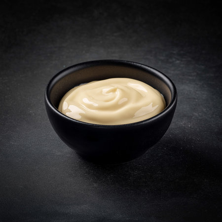 A small black bowl filled with creamy mayo sauce sits elegantly on a dark background, ready for use.の素材