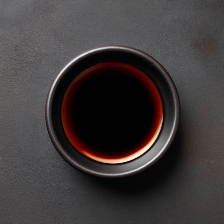 A small bowl of rich soy sauce gleams on a dark surface, highlighting its deep color.の素材