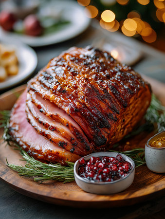 Sliced Christmas ham sits on a wooden platter with herbs and sauces, set against a holiday backdrop.の素材
