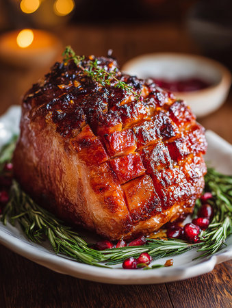 Enjoy a glazed Christmas ham adorned with fresh herbs and pomegranate seeds.の素材