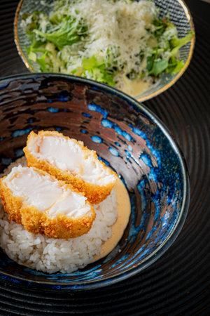 Crispy fried chicken sits atop white rice with a side of vibrant, fresh salad and dressing.の写真素材
