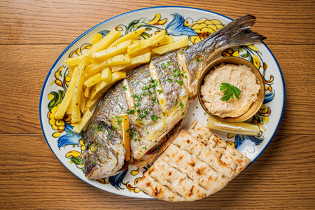 A beautifully presented dish features grilled fish, golden fries, and creamy hummus with bread.