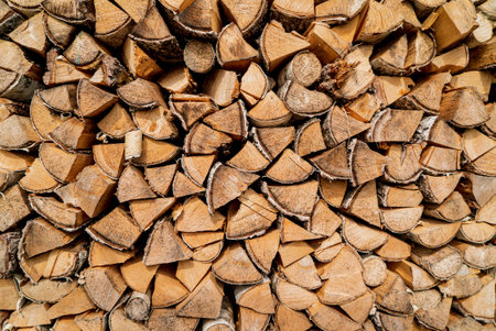 Piles of neatly stacked wooden logs prepare for cozy fires during the chilly winter evenings.