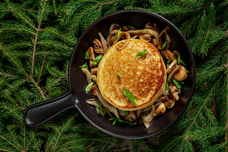 Delicious pancake sits atop sautÃ©ed mushrooms and green onions, surrounded by evergreen branches.