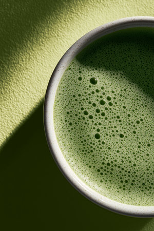 A smooth and creamy matcha drink sits in a bowl under soft light, bringing calm vibes to the space.の素材