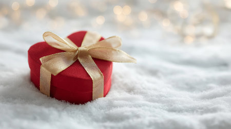 A heart-shaped gift box on soft snow, tied with a gold ribbon, evokes love and warmth.の素材