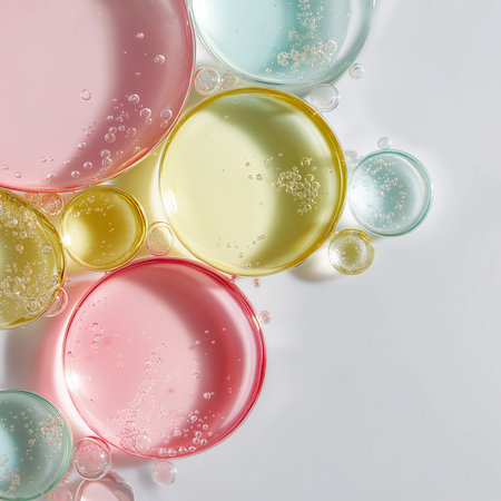 Translucent oil bubbles float gracefully, creating a vibrant and soothing spectacle on white canvas.の素材