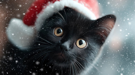 A joyful black cat smiles brightly, adorned in a red hat amid falling snowflakes.の素材
