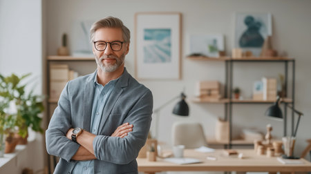 A confident business professional stands with arms crossed in a sleek office.の素材