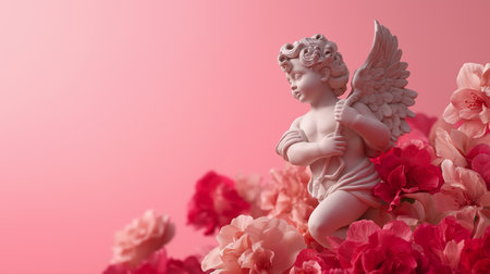 A cherub figurine rests among soft pink flowers, creating a romantic Valentine's scene.の素材