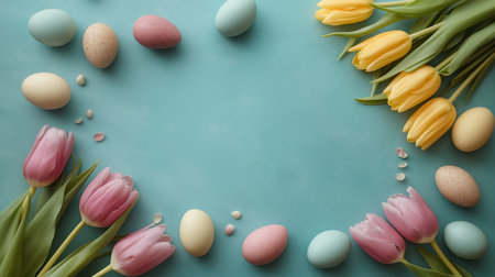 Bright tulips and pastel eggs create a joyful scene on a teal surface during spring festivities.の素材