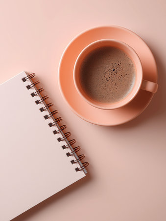 A calm setting with a blank notebook and a steaming cup of coffee shining softly under light.の素材