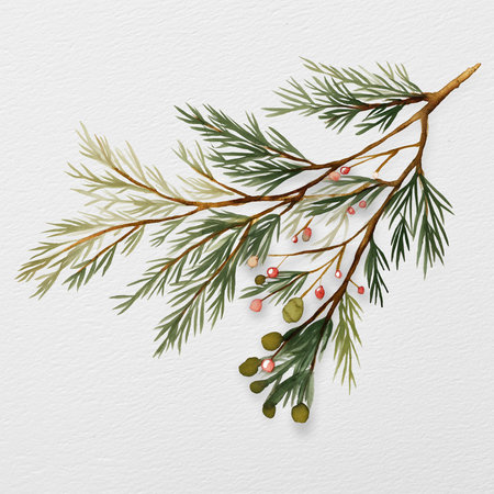 A charming watercolor of rustic Christmas greenery with pine branches and bright berries.の素材