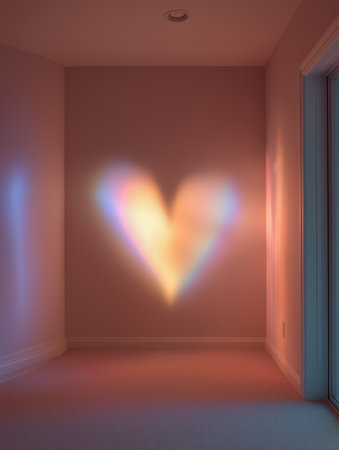 A heart-shaped glow gently illuminates a quiet room, creating a warm and inviting atmosphere.の素材