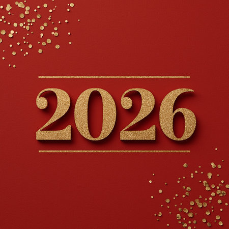 Golden numbers representing 2026 shimmer against a bright red backdrop, surrounded by sparkles.の素材
