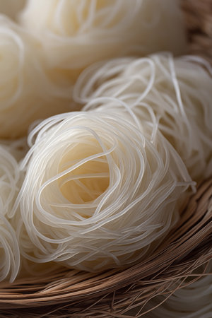 Fine micro sumble rice noodles showcase their delicate texture in an inviting woven basket.の素材