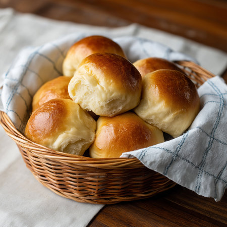 Soft, golden dinner rolls freshly baked and arranged in a cozy basket, ready to enjoy.の素材