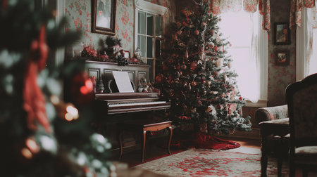 The room glows warmly, showcasing a beautifully adorned Christmas tree beside an antique piano.の素材