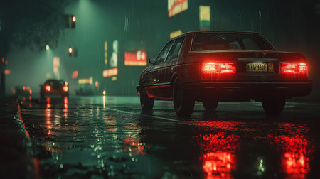 Neon lights flicker on wet pavement as cars drive through lively streets on a rainy night.の素材