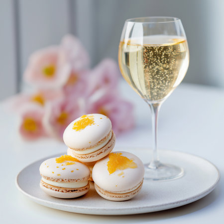 Enjoy yuzu macaroons on a plate beside a bubbly glass of champagne, perfect for celebrations.の素材