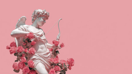 Cupid holding his bow and arrow is surrounded by vibrant pink roses against a soft background.の素材