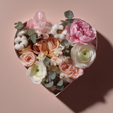 A heart-shaped gift box brims with vibrant flowers and greenery, perfect as a romantic gesture.の素材