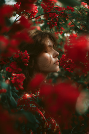 A woman stands amidst a sea of blooming red flowers, lost in thought and tranquility.の素材