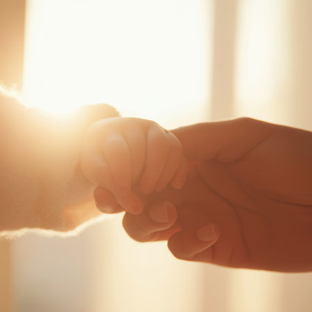 Warm light illuminates a tender moment as a newborn's tiny hand clutches a loving hand nearby.の素材