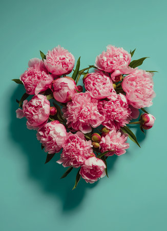 Pink peonies form a beautiful heart shape on a soothing teal backdrop, celebrating love and beauty.の素材