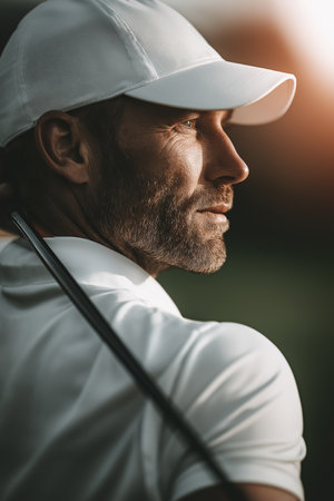 A male golfer stands poised, gripping his club, focused on the lush course during sunset.の素材