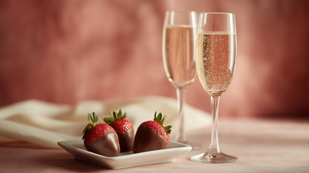 Two glasses of champagne beside chocolate-covered strawberriesâperfect for Valentine's Day.の素材