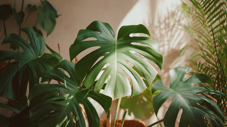 Monstera Deliciosa's green leaves bask in sunlight, creating a calming atmosphere.の素材