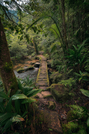 A winding jungle path leads to a tranquil stream, inviting nature exploration.の素材