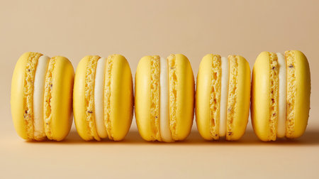 Soft sunlight illuminates the vibrant yellow yuzu macarons with their smooth texture.の素材