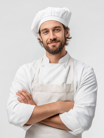 A skilled baker in uniform stands confidently, radiating passion in a warm kitchen.の素材