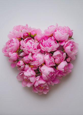 Beautiful pink peonies arranged in the shape of a heart create a lovely springtime display.の素材