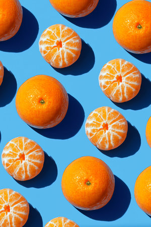 Colorful peeled oranges are scattered against a bright blue backdrop, celebrating summer flavors.の素材