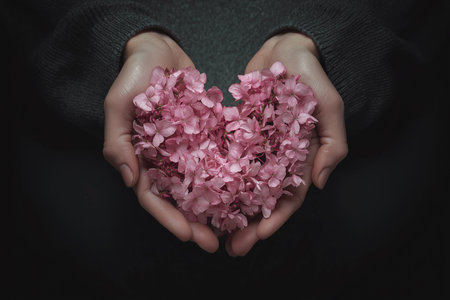 Gentle hands cradle a pink blossom heart, embodying beauty and tenderness in stillness.の素材