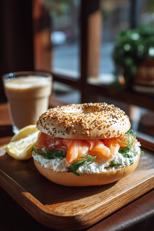 Savory smoked salmon and rich cream cheese layered on a fresh bagel, served in a warm cafÃ© setting.の素材