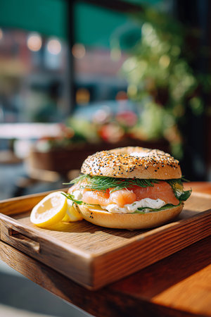 Savor a smoked salmon and cream cheese bagel with lemonâideal for breakfast!の素材