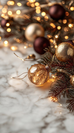 Delicate fairy lights twinkle among pine branches and shiny ornaments, inviting holiday cheer.の素材
