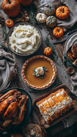 A warm Thanksgiving table showcases roasted turkey, mashed potatoes, pies, and charming fall decor.の素材