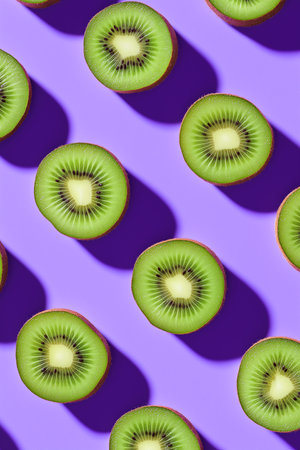 Colorful kiwi slices artfully arranged on a vibrant purple background invite you in.の素材