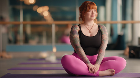 A woman with auburn hair sits cross-legged in a yoga studio, radiating calm and positivity.の素材