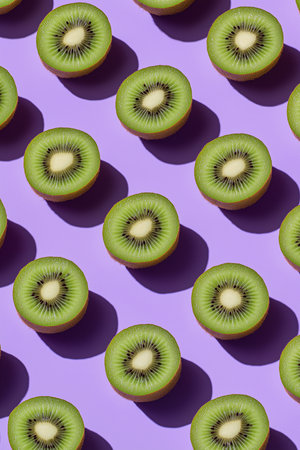 Vibrant green kiwis are beautifully laid out, showcasing their texture against a purple surface.の素材