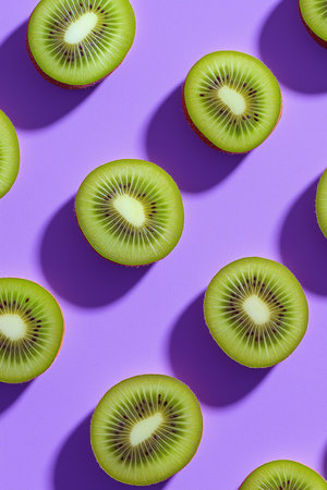 Sliced kiwi sits on a purple backdrop, highlighting its vibrant green color and pattern.の素材