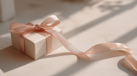 A small, elegantly wrapped gift box sits on a smooth surface.の素材