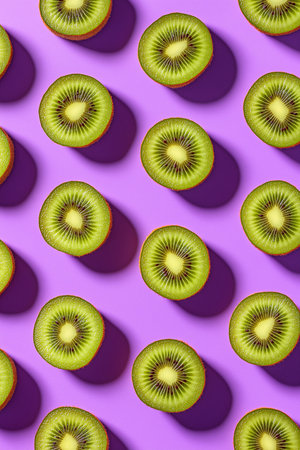 Vibrant kiwis arranged beautifully on a purple surface highlight their freshness.の素材
